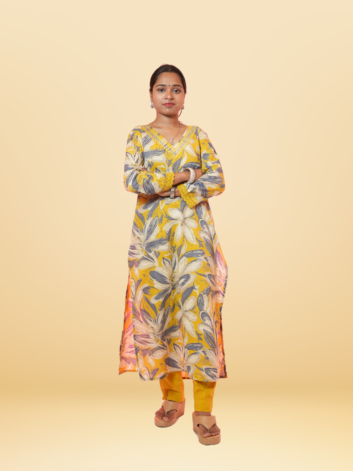 D16 Yellowish Stunning Floral Cotton Suit