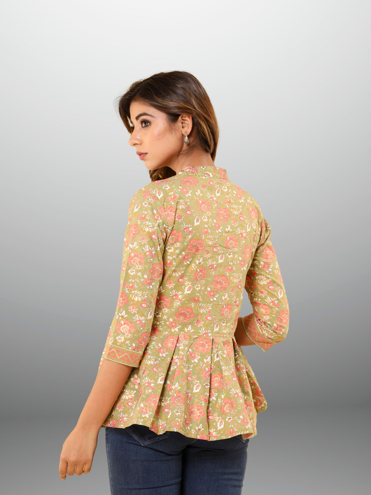 R29 Mehandi Floral Jaipuri Printed Peplum Top